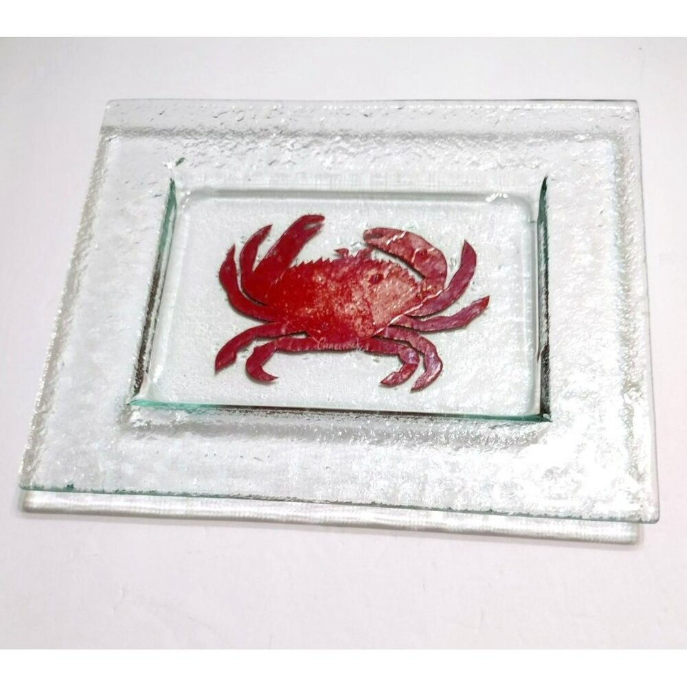 Charlton Glassworks Signed Fused Art Glass Serving Dish with Copper Crab 10x8